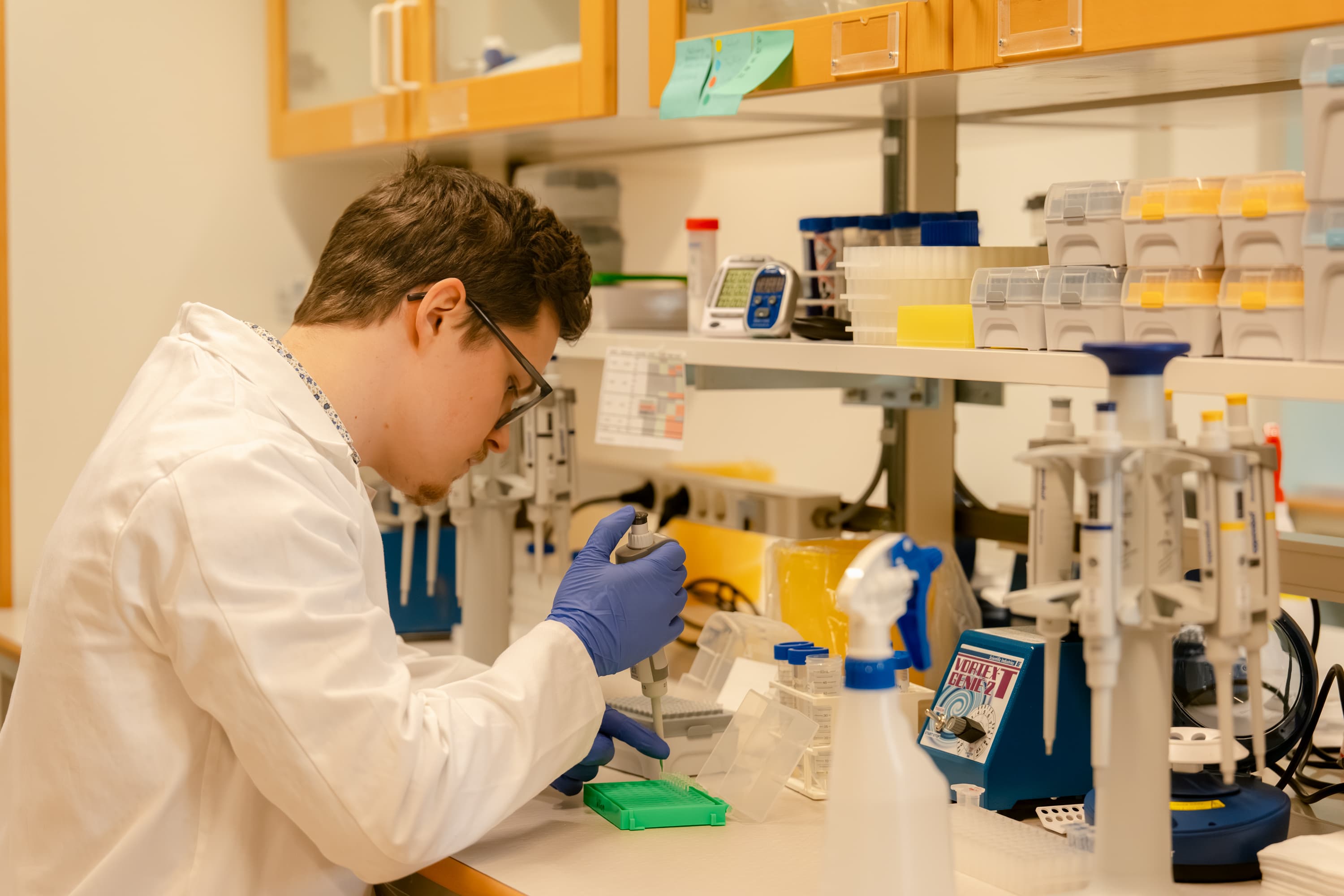 Researcher pipetting samples